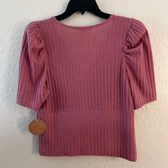 NWT Parallel Skies Ribbed Top Sz XL Short Puff Sleeve Deep V-Neck Blouse Pink - Picture 3 of 8